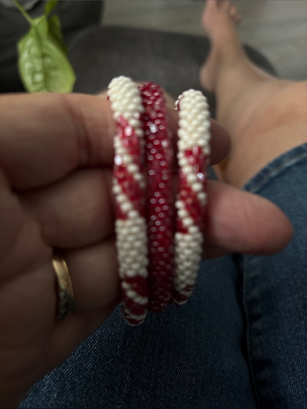 Handmade Red and White Beaded Spiral Bracelet
